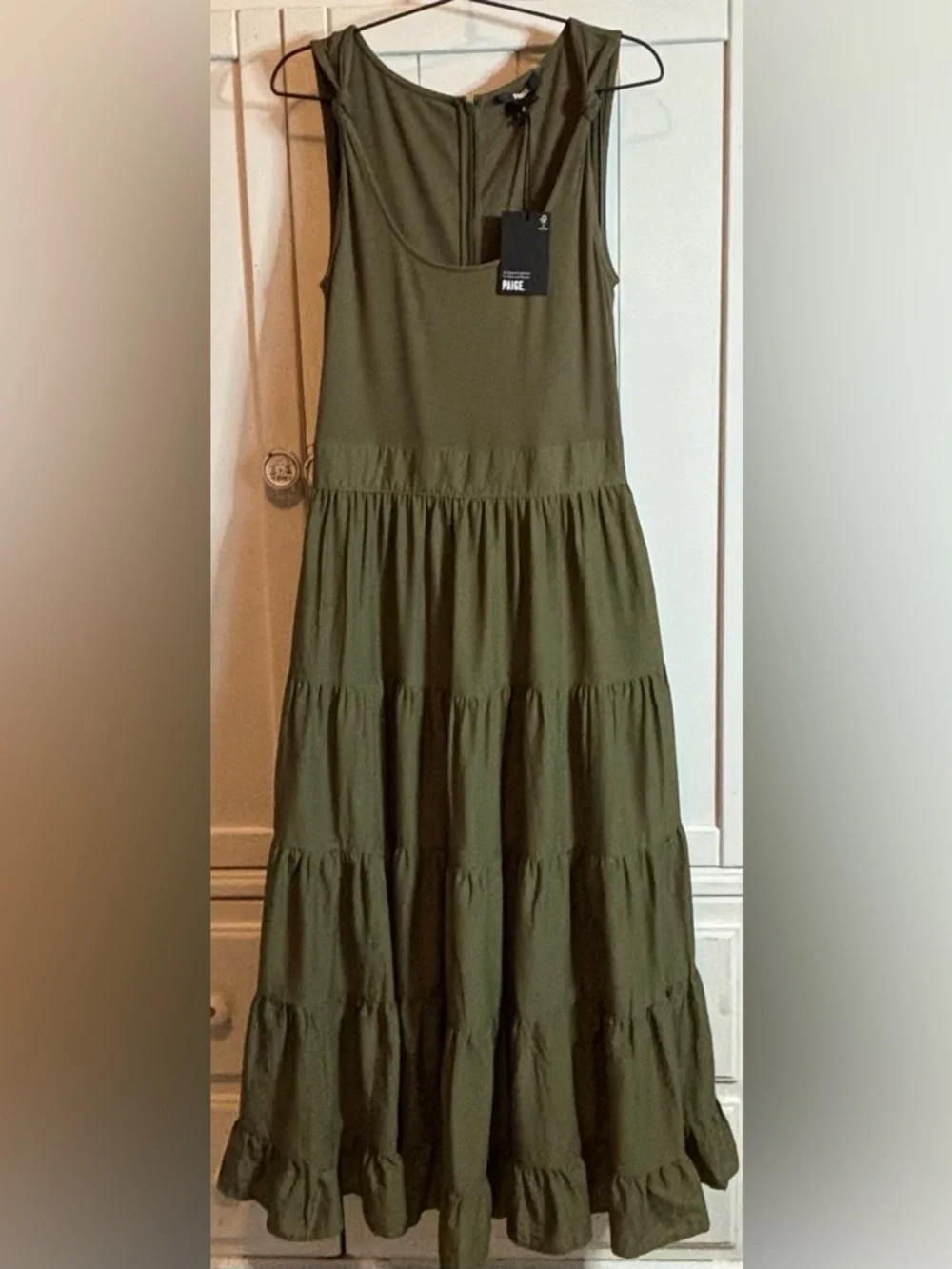 PAIGE Samosa Dress Olive Midi Tiered Mixed Media Size 6 NWT